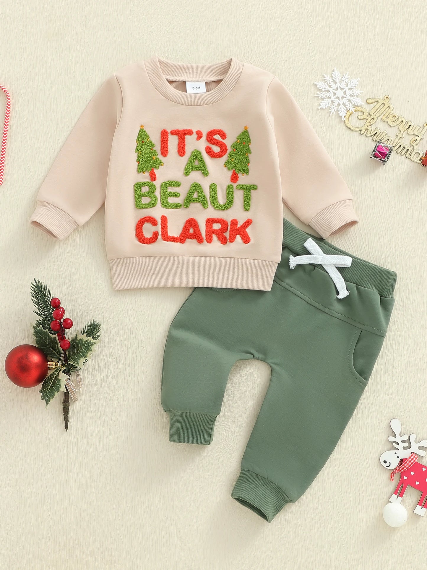 Baby Toddler Boys 2Pcs Christmas It's A Beaut Clark Outfits Long Sleeve Crew Neck Letter Embroidery Top and Elastic Waist Pants Jogger Set