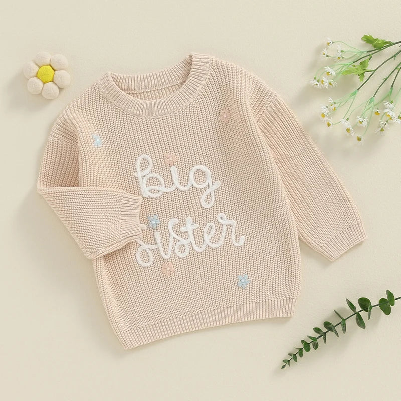 Toddler Kids Girl Big Sister Sweater Cute Long Sleeve Letter Embroidery Knit Pullover Loose Top