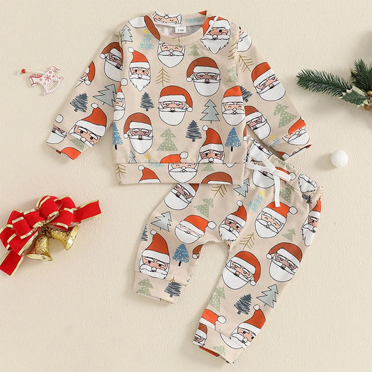 Baby Toddler Boys Girls 2Pcs Outfit Santa Claus Christmas Tree Print Long Sleeve Top and Elastic Pants Jogger Set