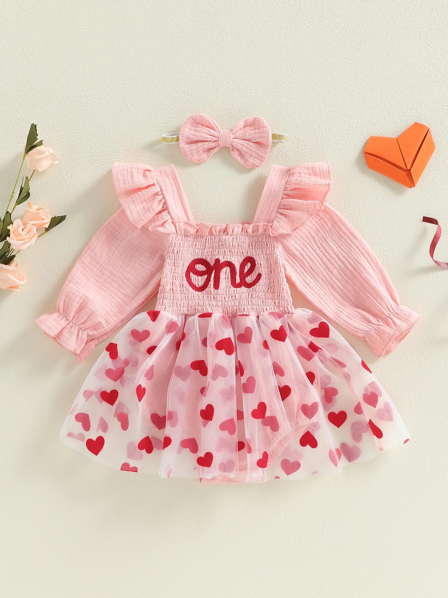 Baby Girl 2Pcs One Long Sleeve Square Neck Heart A-line Heart Tutu Romper Dress with Bowknot Headband Birthday Outfit
