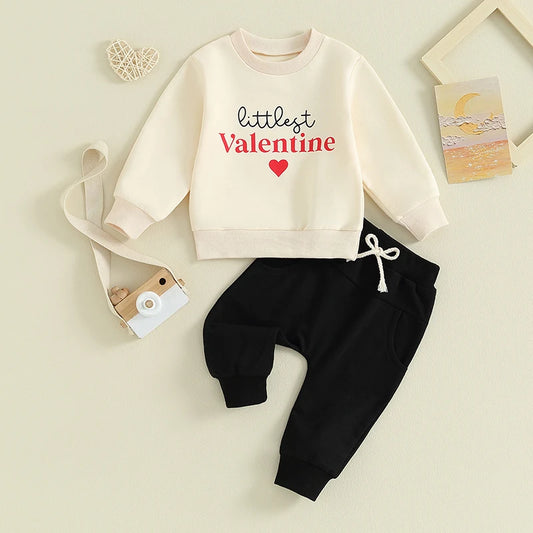 Toddler Baby Boy Girl 2Pcs Valentine's Day Outfits Long Sleeve Heart Littlest Valentine Letter Print Top and Pants Set