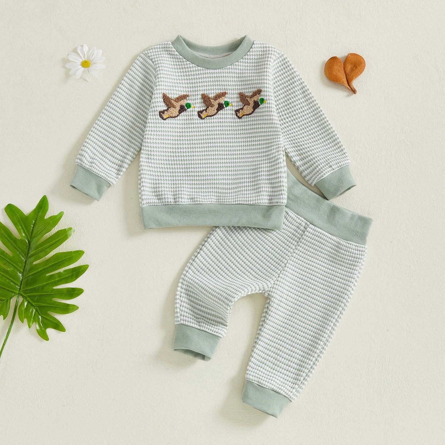 Baby Toddler Boys 2Pcs Fall Sets Long Sleeve Round Neck Duck Embroidery Top Striped Pants Jogger Set