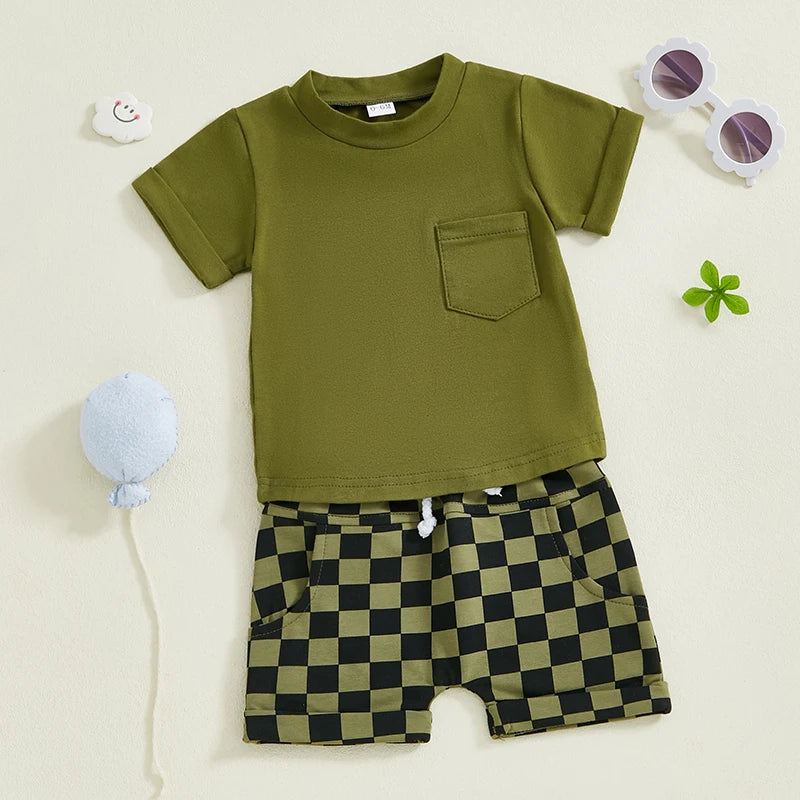 Baby Toddler Boys 2Pcs Summer Outfit Solid Color Short Sleeve Top T-Shirt Checkered Shorts Set