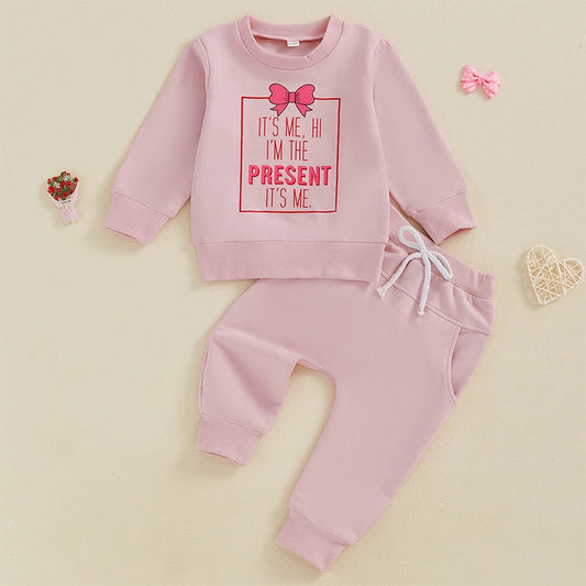 Baby Toddler Girls 2Pcs It's Me Hi I'm The Present It's Me Valentine's Day Outfit Bow Letter Print Crew Neck Long Sleeve Top Long Pants Valentines Jogger Set