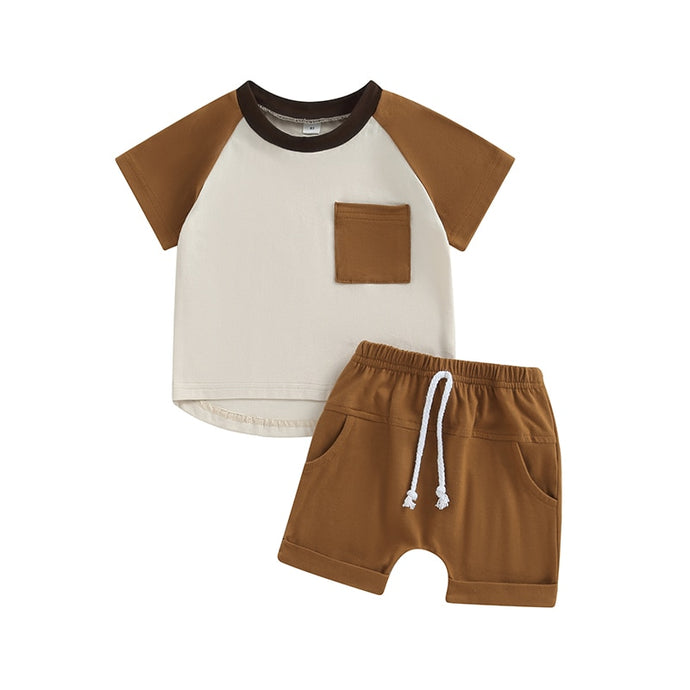 Baby Toddler Boys 2Pcs Short Sleeve Contrast Color Tops Drawstring Shorts Outfit