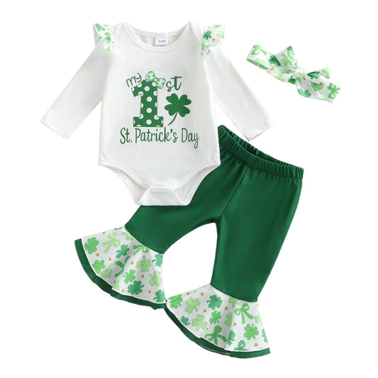 Baby Girls 3Pcs My 1st St. Patrick's Day Outfit Long Sleeve Letters Print Romper with Shamrock Print Pants and Headband Set