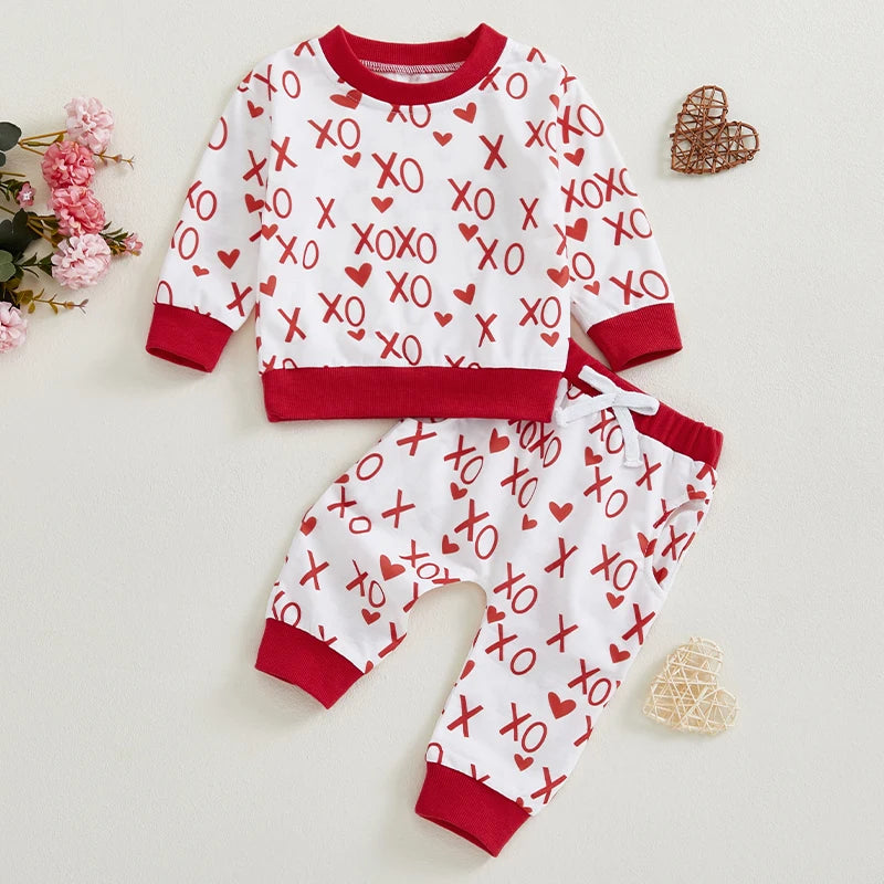 Baby Toddler Boys Girls 2Pcs Valentine's Day Outfit Heart Letter XOXO Love Long Sleeve Crewneck Top and Elastic Pants Valentines Jogger Set