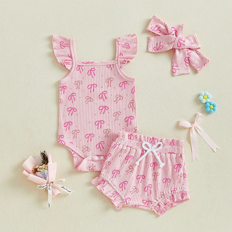 Baby Girls 3Pcs Summer Set Bow Print Fly Sleeve Romper Elastic Waist Ruffle Shorts Headband Outfit Clothes Spring