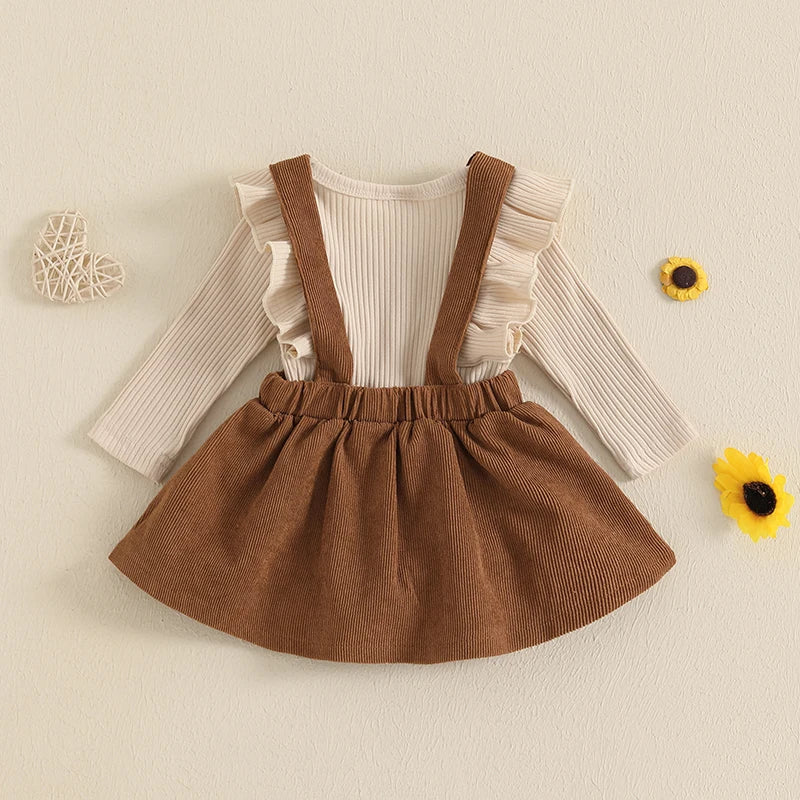 Baby Girl 2Pcs Fall Outfit Solid Ruffled Long Sleeve Crew Neck Romper with Corduroy Suspender Skirt 2Pcs Set