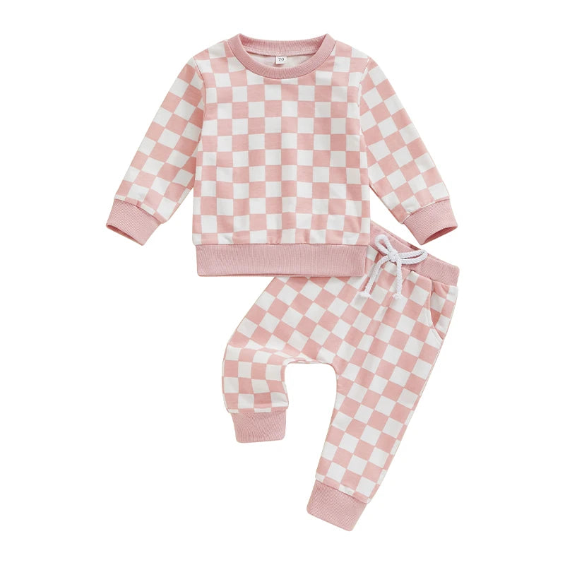 Baby Toddler Girls 2Pcs Fall Sets Long Sleeve O Neck Checkerboard Print Top Drawstring Pants Jogger Set