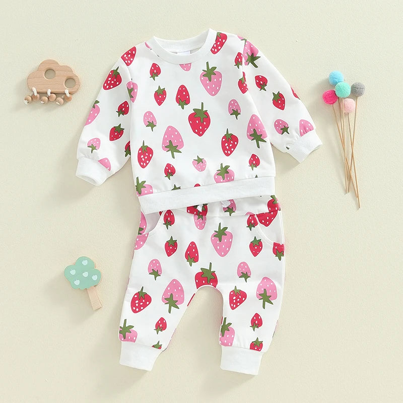 Baby Toddler Girls 2Pcs Outfit Strawberry Print Long Sleeve Crew Neck Top with Elastic Waist Pants Fall Set