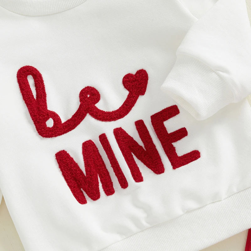 Baby Toddler Girls 3Pcs Valentine's Day Outfit Long Sleeve Embroidery Be Mine Letter Crewneck Top with Flare Pants and Headband Outfit Valentines Set