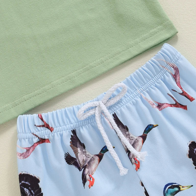 Baby Toddler Boys 2Pcs Summer Outfit Duck Print Short Sleeve Top Pocket Elastic Waist Shorts Set