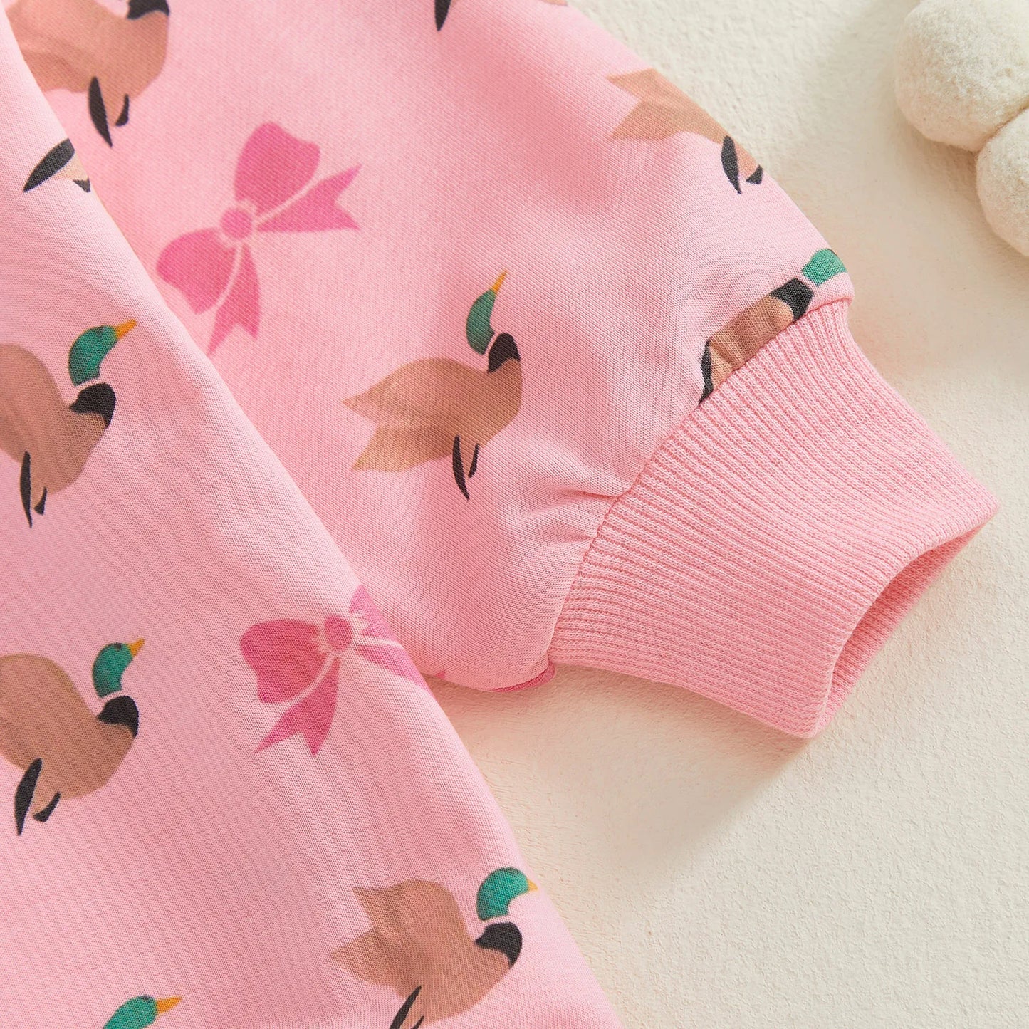 Baby Girls 2Pcs Romper Round Neck Duck and Bow Print Long Sleeve Jumpsuit with Headband Set