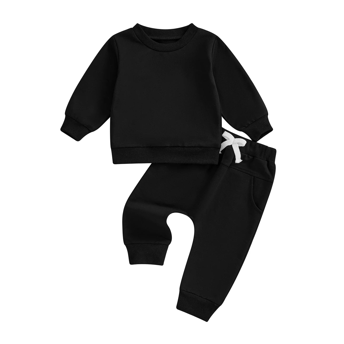 Baby Toddler Boy Girl 2Pcs Spring Fall Outfits Solid Color Long Sleeve Round Neck Pullover Top + Elastic Waist Long Pants Jogger Set