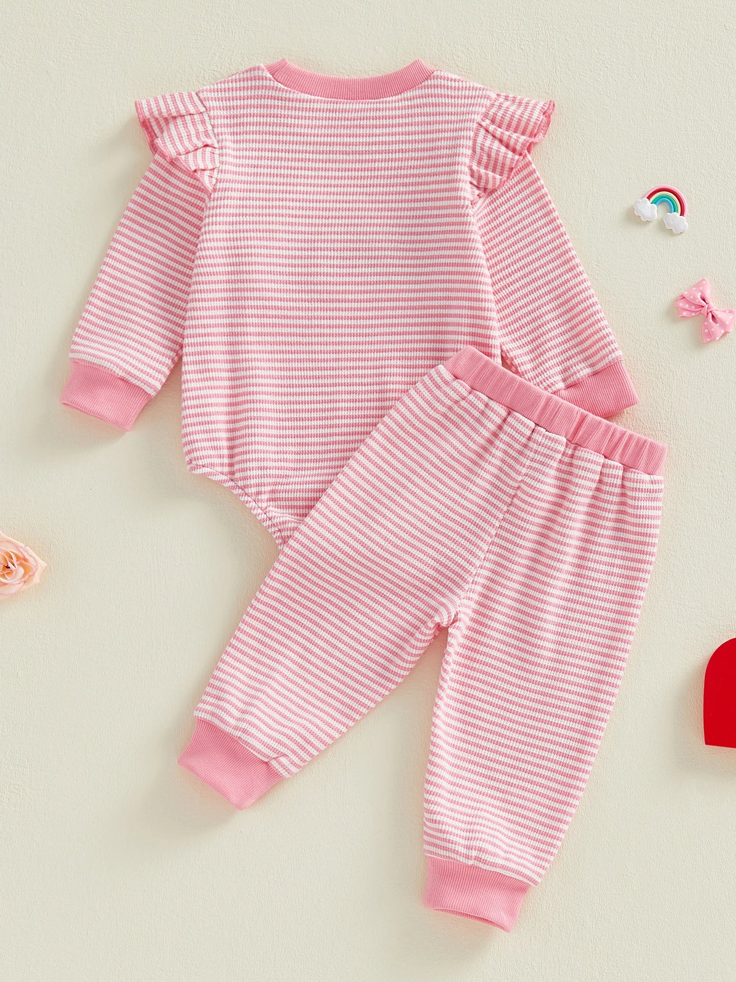 Baby Girls 2Pcs Valentine's Day Clothes Sets Letters Embroidery Love Stripe Long Sleeve Romper with Pants 2Pcs Set
