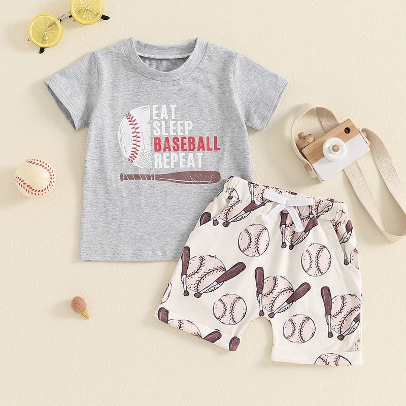 Baby Toddler Boys 2Pcs Eat Sleep Baseball Repeat Outfit Baseball Letter Print Short Sleeve Top and Elastic Shorts Clothes Set