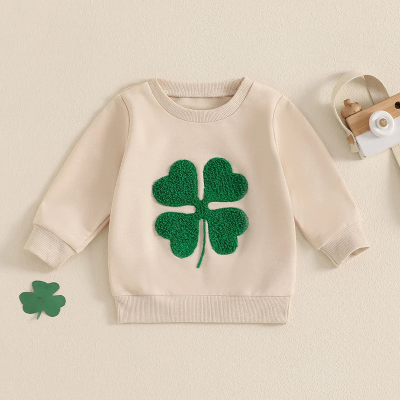 Baby Toddler Girl Boy St. Patrick's Day Casual Four Leaf Clover Shamrock Embroidery Long Sleeve Crewneck Top