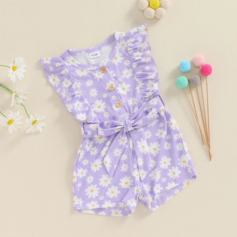 Baby Toddler Girls Summer Jumpsuit Ruffle Sleeveless Round Neck Floral Flower Print Belted Romper Shorts Playsuit