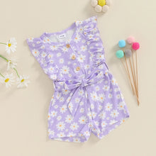 Load image into Gallery viewer, Baby Toddler Girls Summer Jumpsuit Ruffle Sleeveless Round Neck Floral Flower Print Belted Romper Shorts Playsuit
