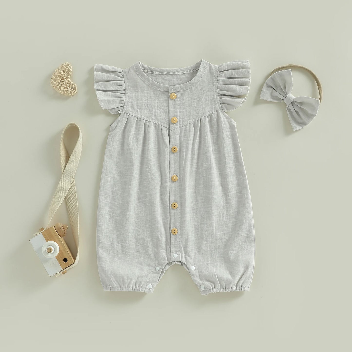 Baby Girl 2Pcs Summer Outfit Solid Flying Sleeve Romper with Bow Headband 2 Piece Set