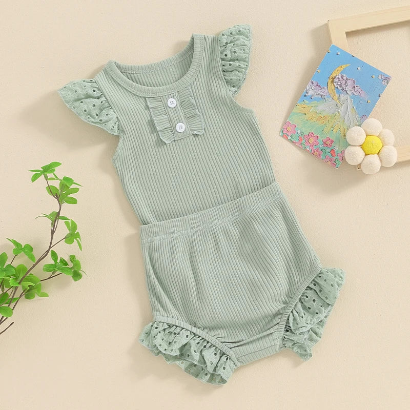 Baby Girl 2Pcs Spring Summer Outfits Round Neck Buttons Eyelet Fly Sleeve Frilly Romper Elastic Waist Shorts Clothes Set