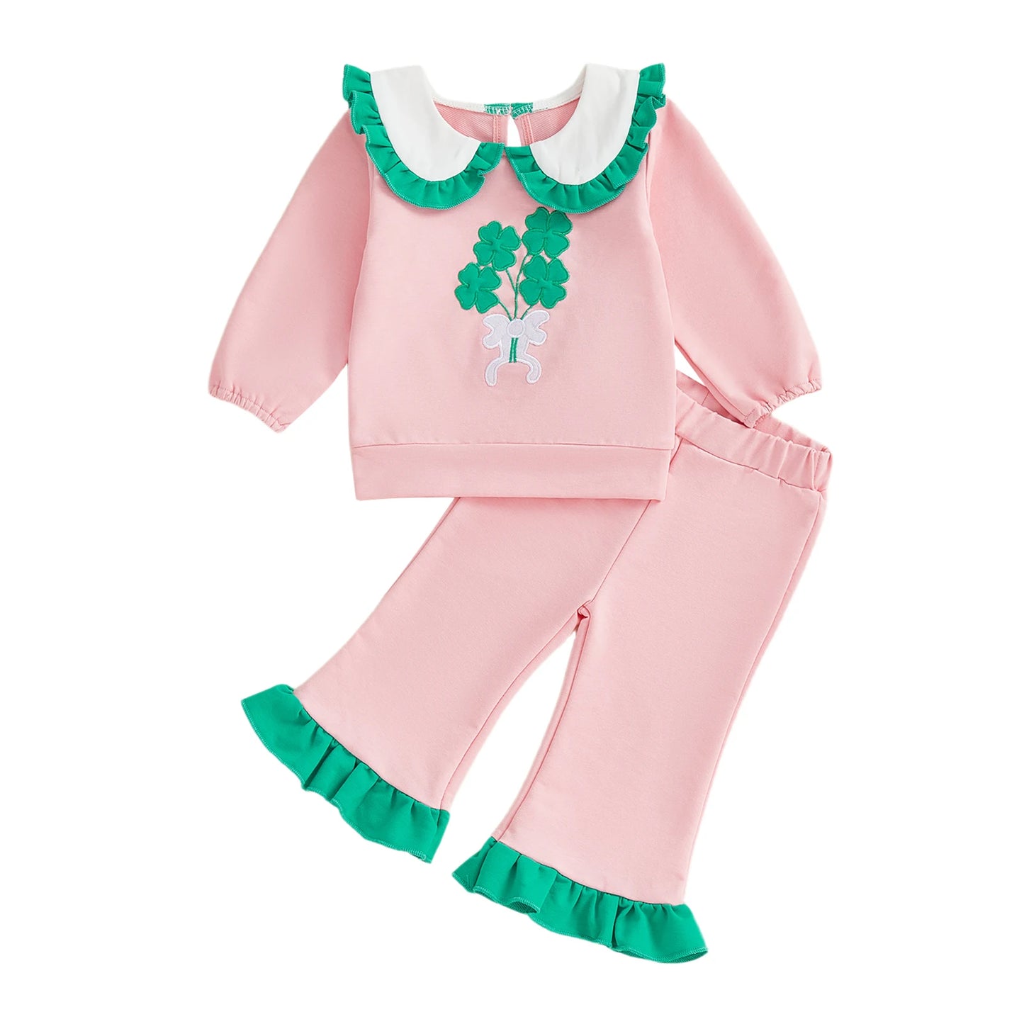 Baby Toddler Girl 2Pcs Spring Outfit Clover Bow Embroidered Doll Collar Top and Flare Pants 2 Piece Set