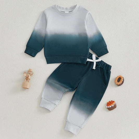 Baby Toddler Boys 2Pcs Fall Outfit Gradient Color Long Sleeve Crewneck Top and Long Pants Jogger Set