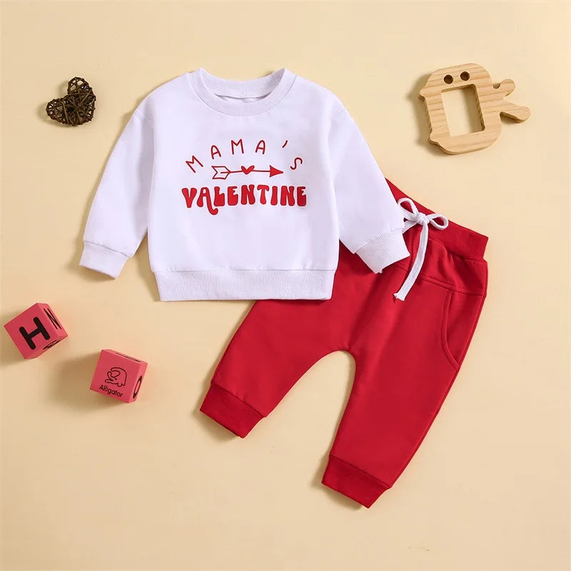 Baby Toddler Boys Girls 2Pcs Valentine's Day Outfits Long Sleeve Top Letter Mama's Valentine Arrow Print Top with Red Pants Set