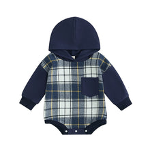 Load image into Gallery viewer, Baby Boys Bodysuit Autumn Casual Hooded Jumpsuit Long Sleeve Plaid Patchwork Romper
