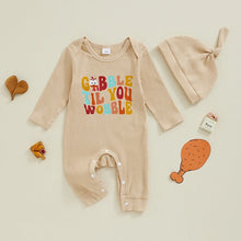 Load image into Gallery viewer, Baby Boys Girls 2Pcs Gobble Til You Wobble / My First Thanksgiving Romper Letter Turkey Print Long Sleeve Jumpsuit and Hat Fall Set
