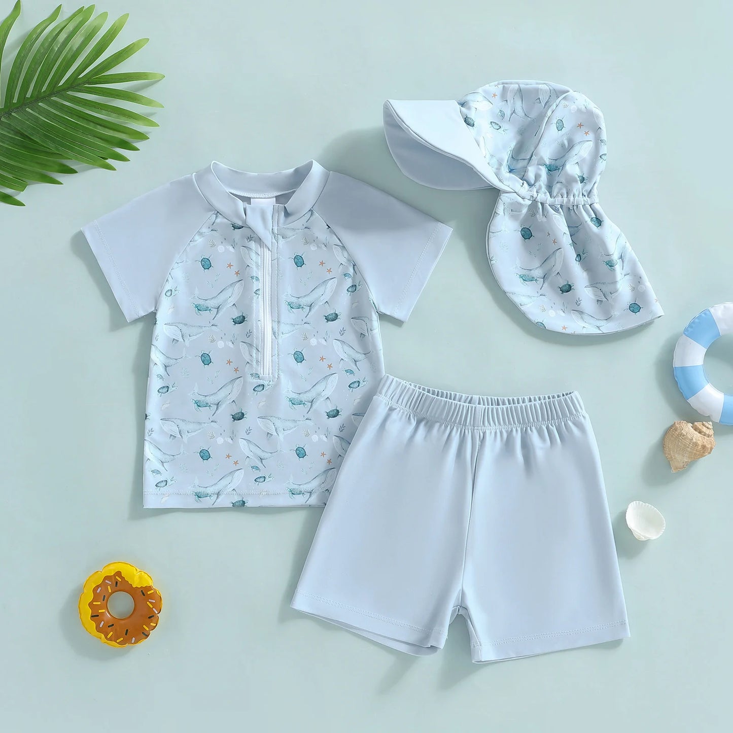 Baby Toddler Boys 3Pcs Rash Guard Swimsuit Short Sleeve Dinosaur Print Top Swim Shorts Hat Swimwear Three Piece Set