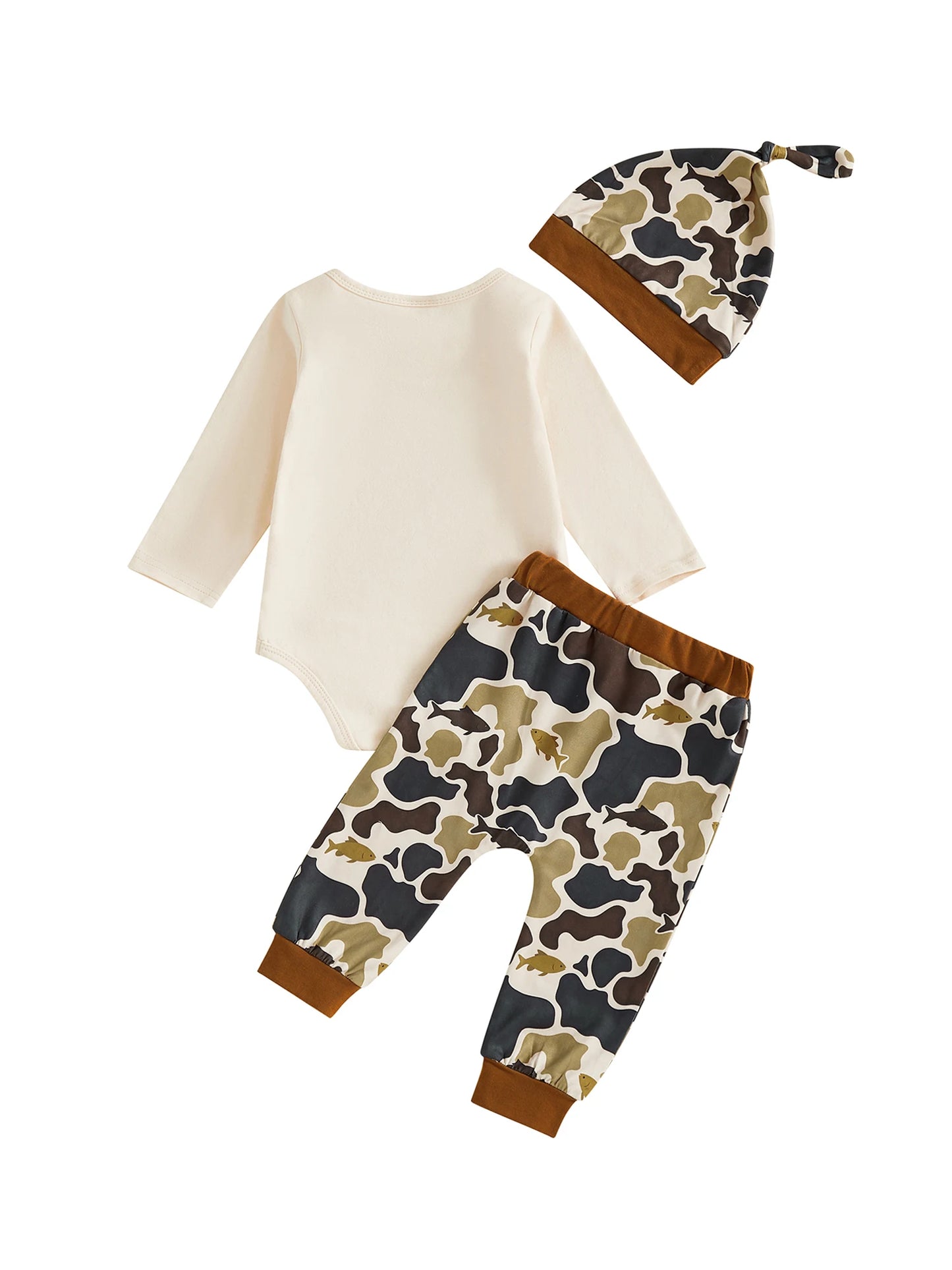 Baby Boy 3Pcs Fall Clothes Letter Fish Daddy's Little Buddy Print Long Sleeve Romper Camouflage Pants and Hat 3Pcs Outfit