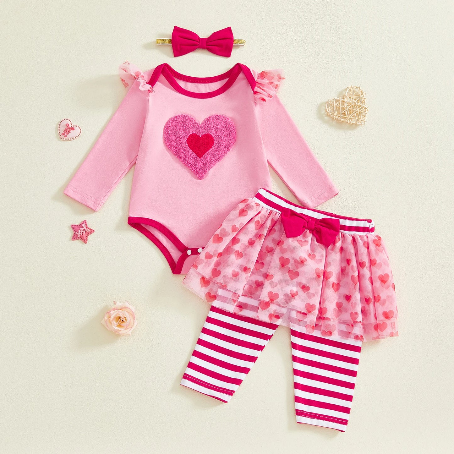 Baby Girl 3Pcs Valentines Day Outfit Heart Ruffle Long Sleeve Romper Striped Skirt Pants and Bow Headband 3 Piece Set
