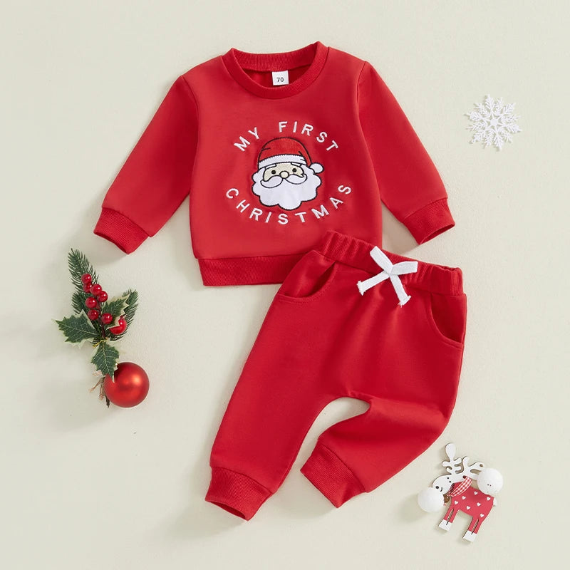 Baby Toddler Girl Boy 2Pcs My First Christmas Outfit Santa Claus Letter Embroidery Long Sleeve Crewneck Top with Solid Pant Jogger Set