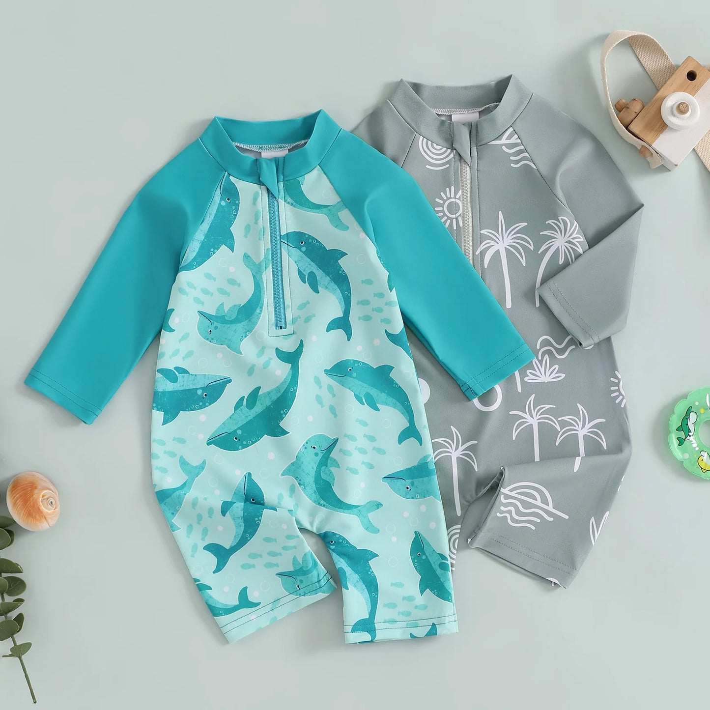 Baby Toddler Boys Girls Rash Guard Swimwear Animal/Floral/Tree Print Long Sleeve Mock Neck Zip Bathing Suit