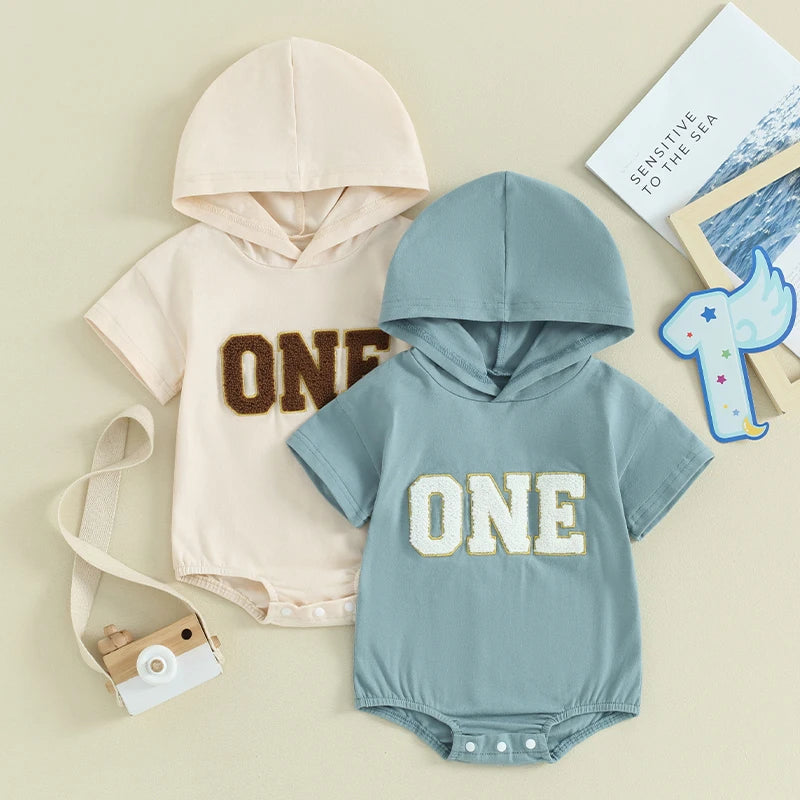 Baby Boy Girl Birthday Hooded Romper Short Sleeve ONE Letter Embroidery Casual Jumpsuits