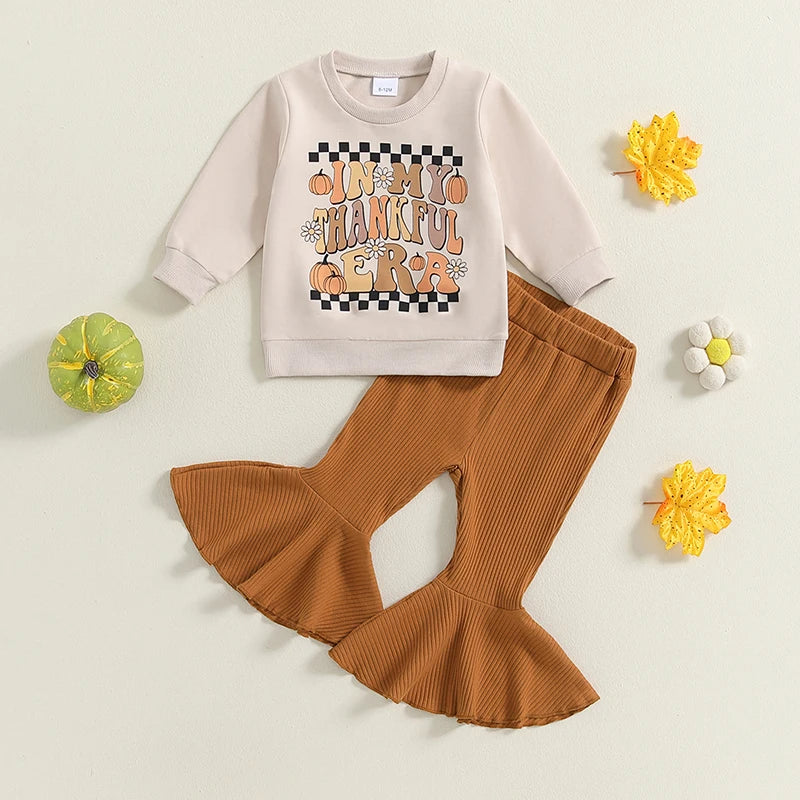 Baby Toddler Girls 2Pcs In My Thankful Era Thanksgiving Outfit Letter Print Fall Long Sleeve Top Ribbed Flare Pants Set