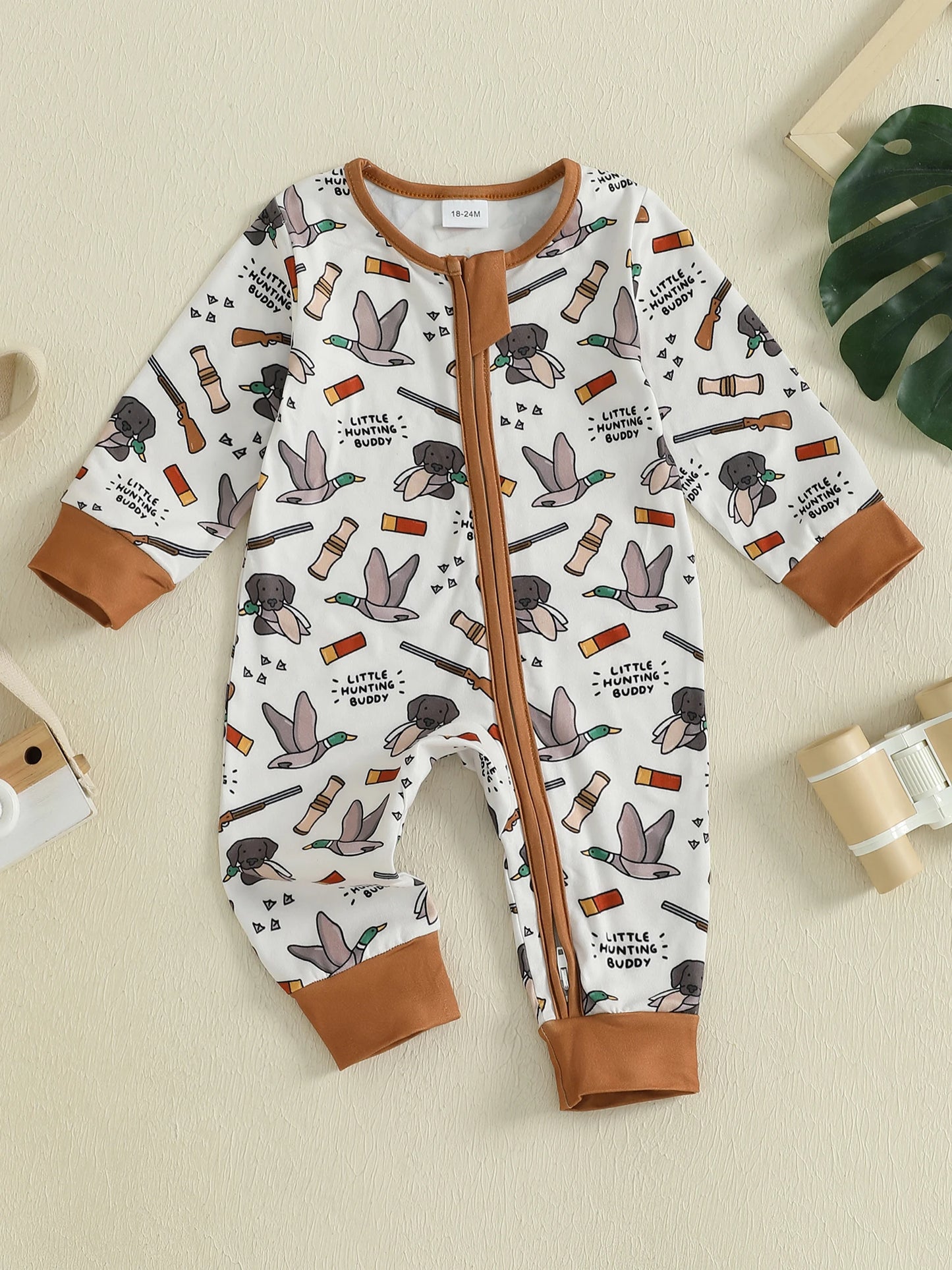 Baby Boys Autumn Casual Jumpsuit Long Sleeve Crewneck Deer Duck Print Zipper Romper
