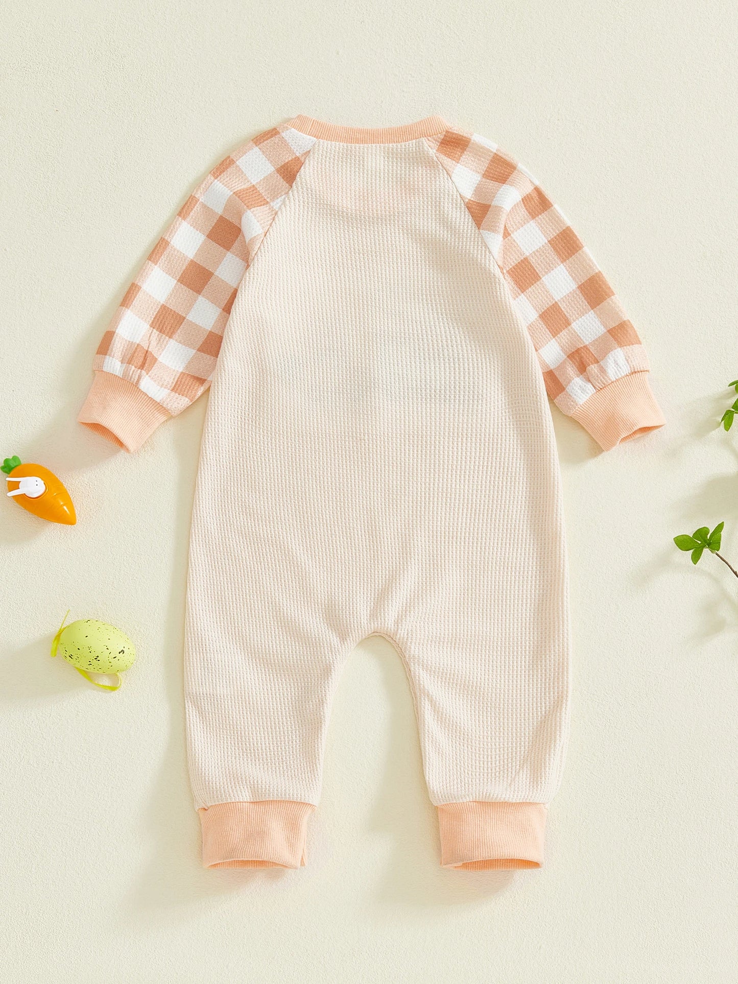 Baby Boy Girl Easter Romper Plaid Long Sleeve Round Neck Bunny Train Embroidery Full Length Jumpsuit