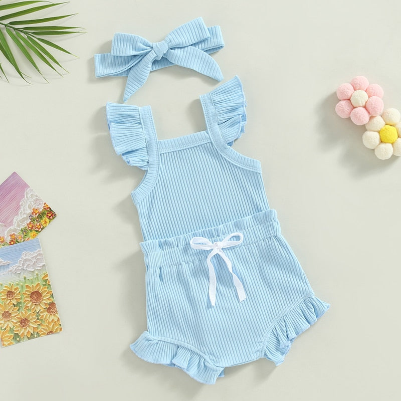 Baby Toddler Girls 3Pcs Flutter Sleeve Solid Romper Tops Drawstring Short Pants Headband Outfit