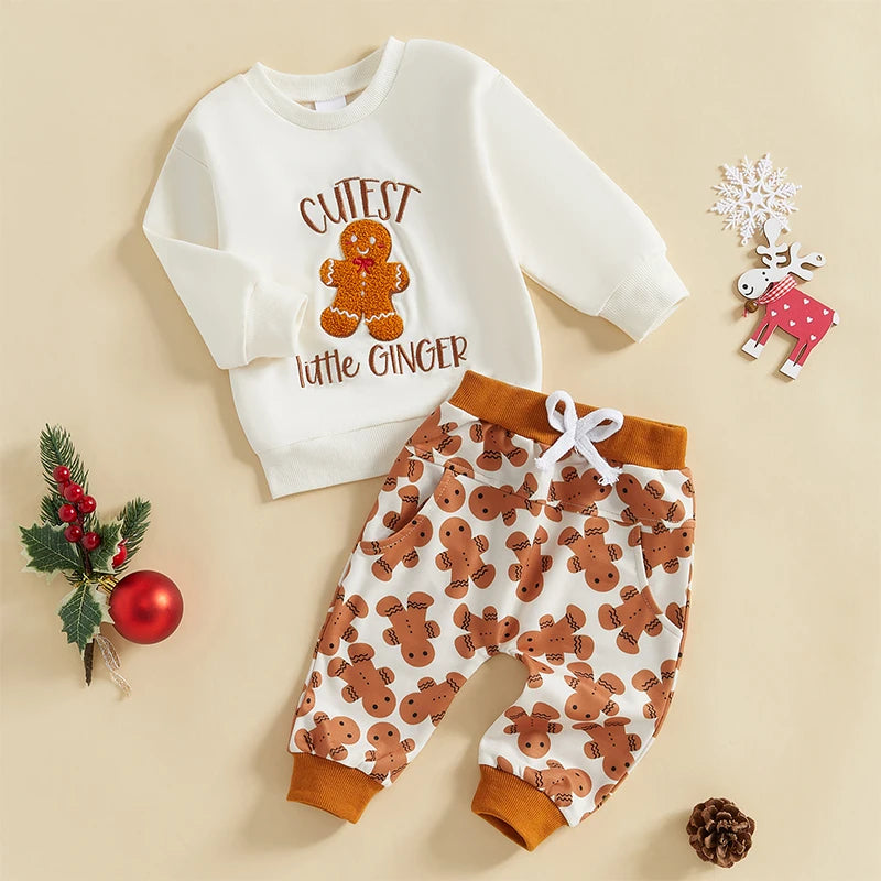 Baby Toddler Boys Girls 2Pcs Christmas Sets Long Sleeve Letter Gingerbread Man Embroidery Top Drawstring Pant Jogger Set