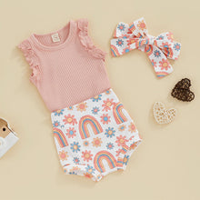 Load image into Gallery viewer, Infant Baby Girl 3Pcs Summer Clothes Ribbed Sleeveless Jumpsuit Rainbow Butterfly Print Shorts Outfit
