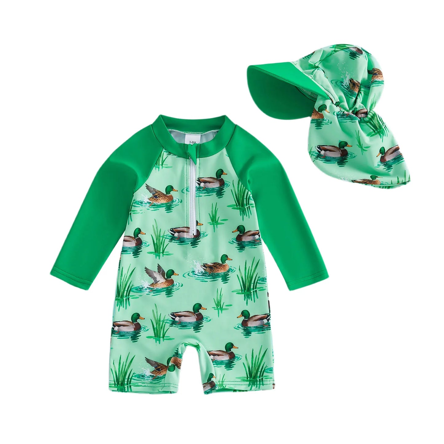 Baby Toddler Boy 2Pcs Rash Guard Swimsuit Shark Duck Print Long Sleeve Zip Up Bathing Suit with Sun Cap Hat Set