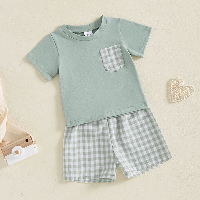 Baby Toddler Boys 2Pcs Summer Spring Outfit Pocket Round Neck Short Sleeve Top with Plaid Pattern Shorts Set