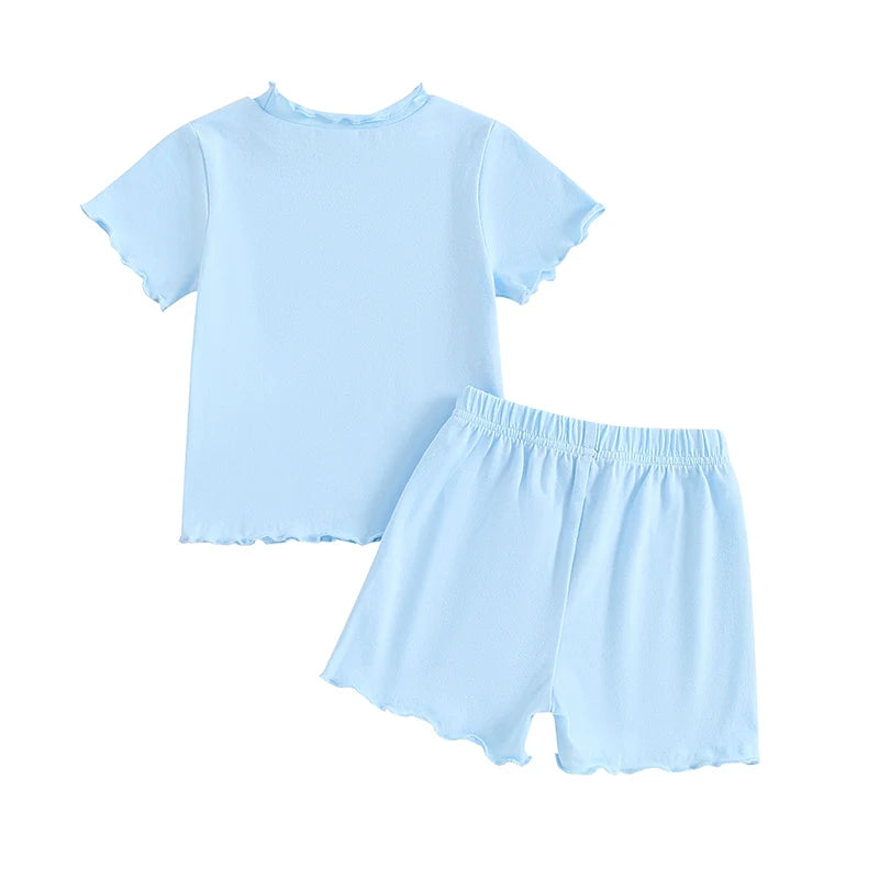 Baby Toddler Kids Girls 2Pcs Short Sleeve Crew Neck Ruffle Sleeve Top with Elastic Waist Shorts Outfit Set