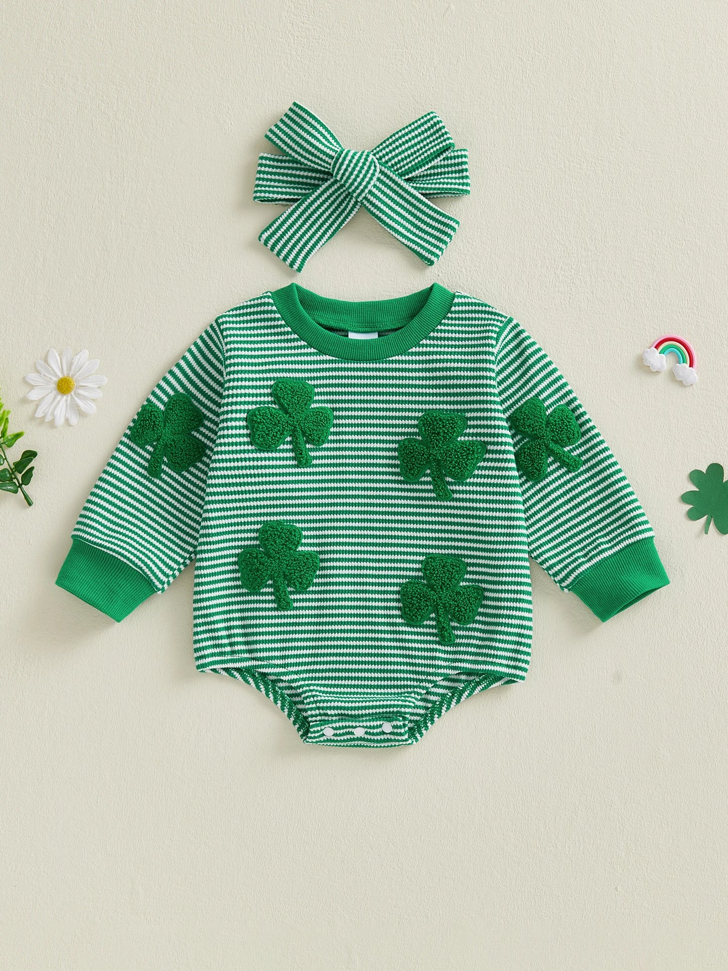 Baby Girl 2Pcs Spring Romper Stripe Shamrock Embroidery Long Sleeve Round Neck Jumpsuit with Headband St. Patrick's Day Set