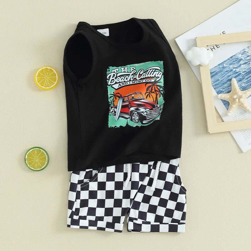 Baby Toddler Boys 2Pcs Beach Bum / The Beach Happy Place / Beach Calling Car Letter Print Sleeveless Tank Top and Checkered Elastic Waist Shorts Clothes Set Outfit