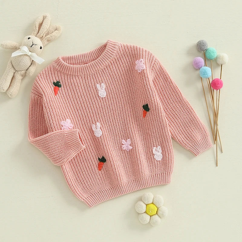 Baby Toddler Girls Knit Easter Sweater Long Sleeve O Neck Bunny Rabbit Carrot Embroidery Pullover Knitwear Top