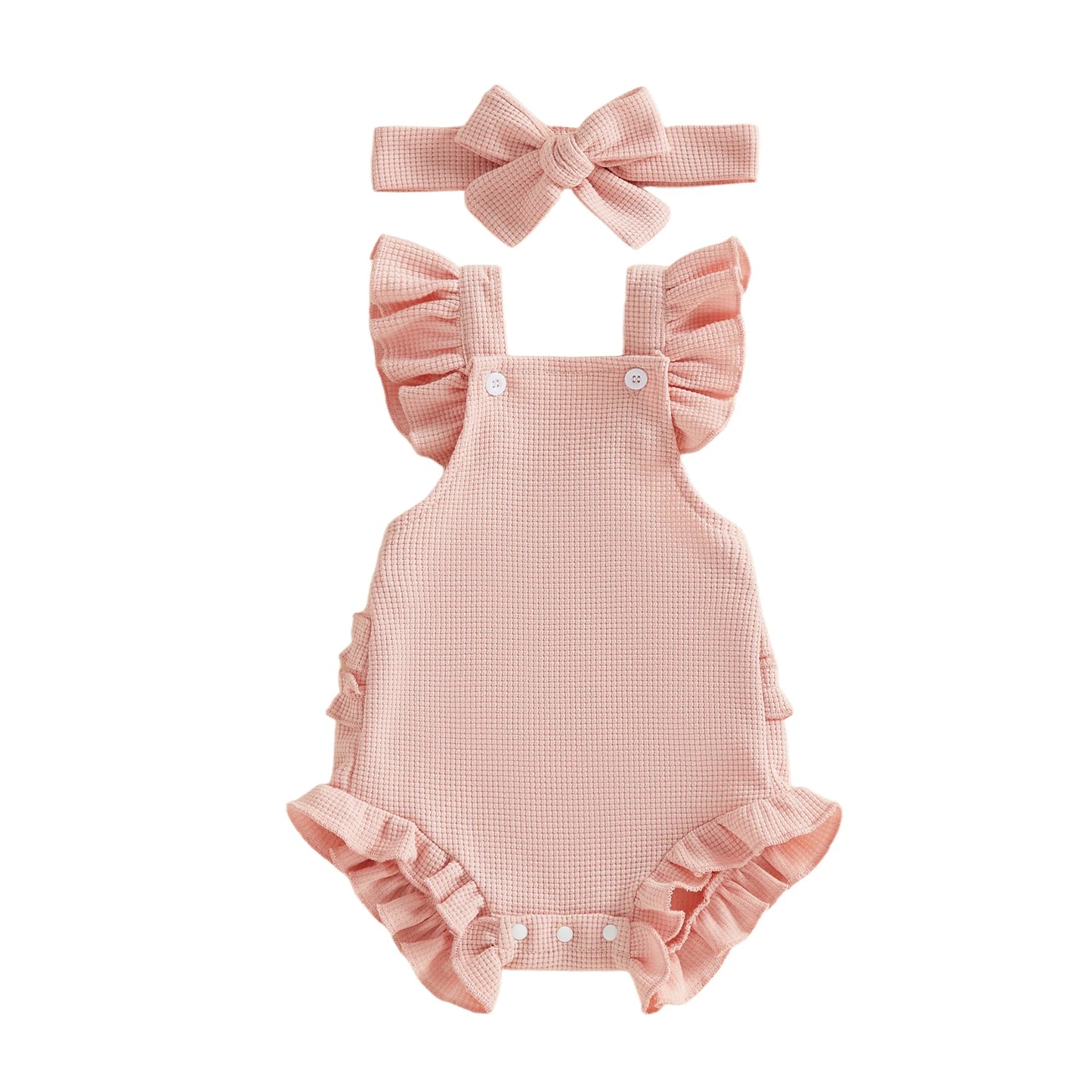 Baby Girl 2Pcs Spring Summer Outfits Ruffle Sleeveless Solid Color Romper with Headband Set